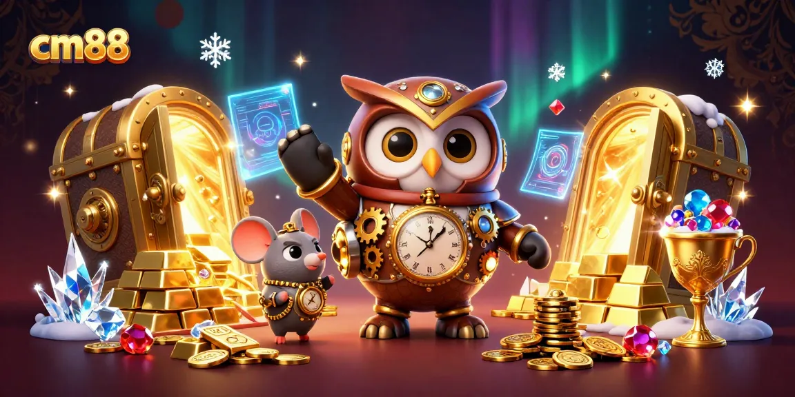 Engage with the thrilling world of cm88, featuring a vibrant scene of a time-traveler owl in a dynamic casino.