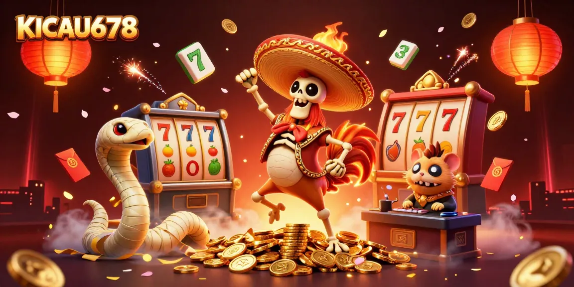 KICAU678 celebrates a win with a joyful scene featuring characters on golden coins and slot machine elements.