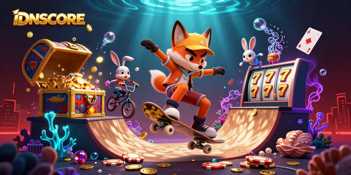 IDNSCORE offers thrilling slot action with a kickflipping fox and a BMX-riding rabbit amidst vibrant casino elements.