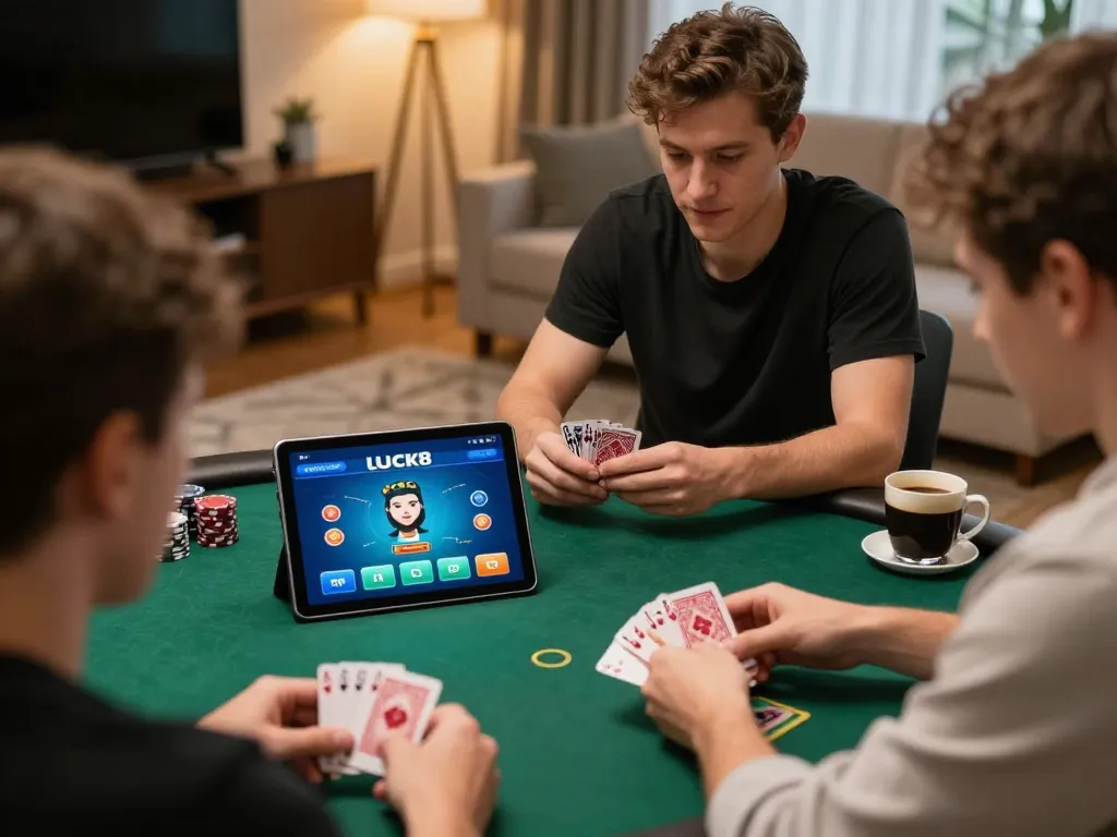 Chơi poker trực tuyến LUCK8 trên máy tính bảng trong phòng khách ấm cúng với sự tập trung chiến lược