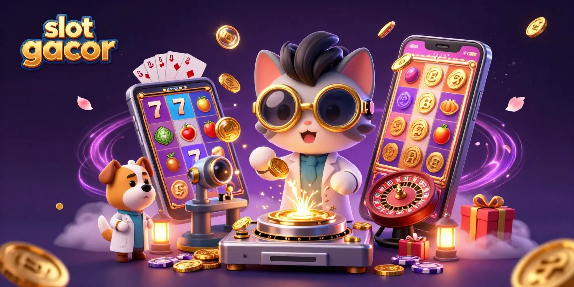 Experience slot gacor with a scientist cat and dog amidst vibrant casino elements.