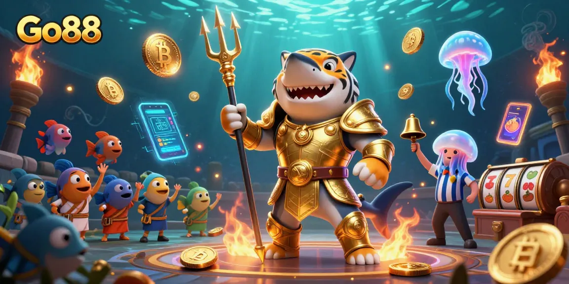 Experience thrilling wins at Go88 with cartoon characters in a vibrant underwater casino scene.