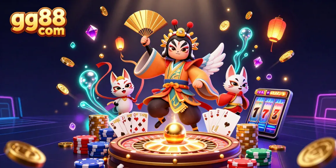 Spin slots and win with gg88 com in this vibrant 3D casino scene.