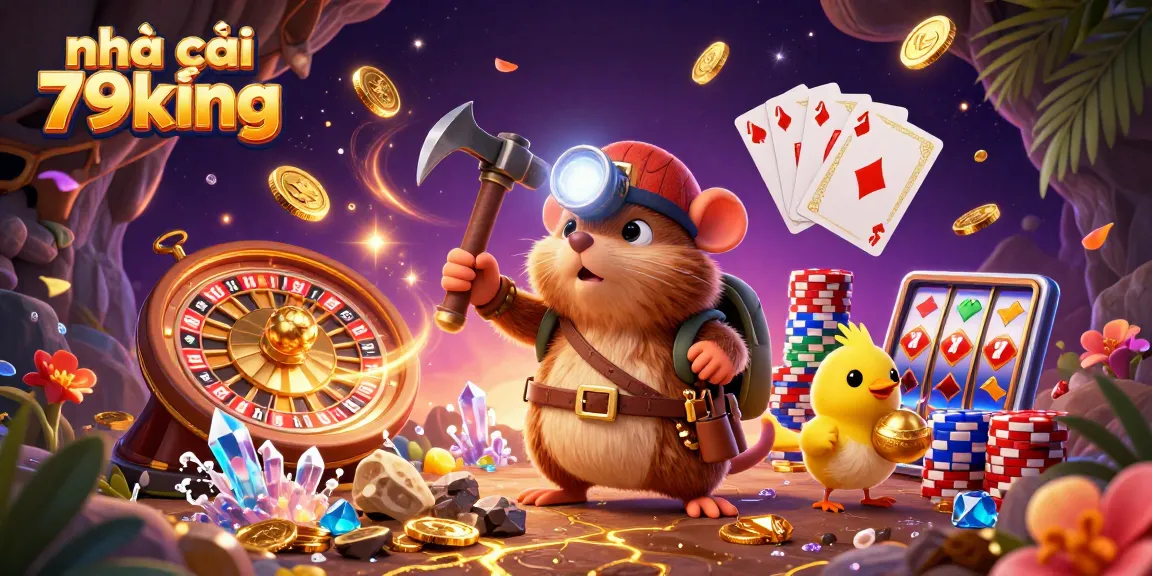 Experience the thrill of nhà cái 79king with a vibrant 3D illustration showcasing treasure hunting and casino elements.