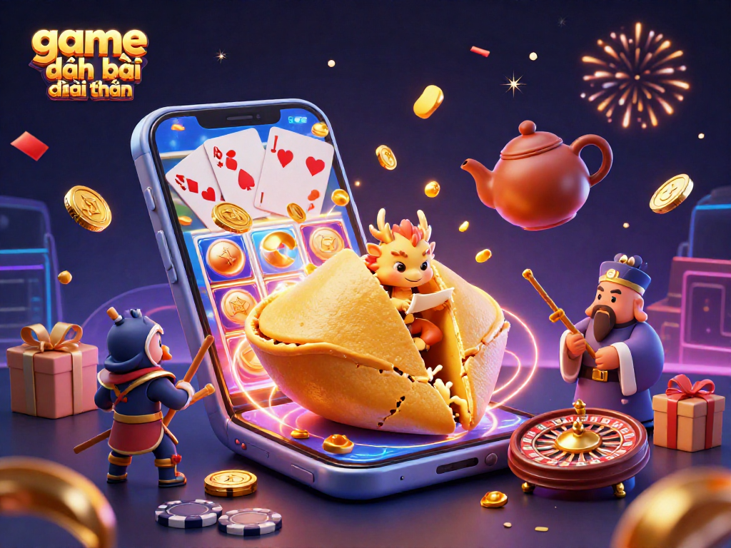 Engage in game đánh bài đổi thưởng with this vibrant 3D scene featuring dynamic characters and casino elements.