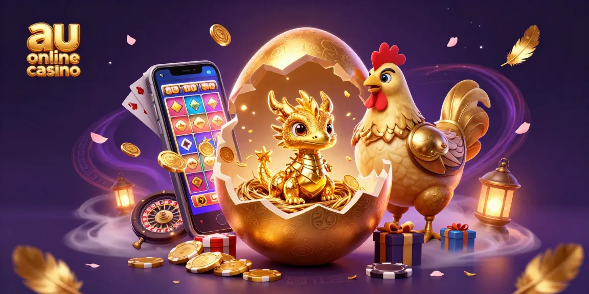 The scene showcases a baby dragon in a gold nest at an au online casino, surrounded by vibrant slot elements and coins.