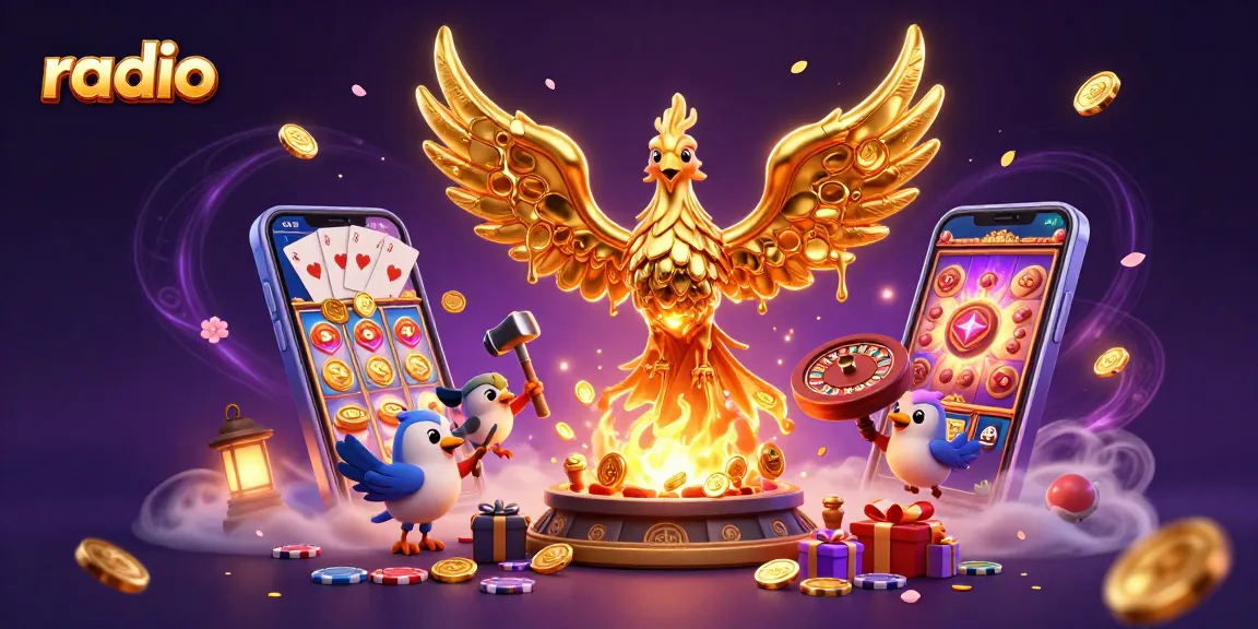 Experience thrilling casino action as the phoenix of victory emerges in a vibrant radio-themed illustration.