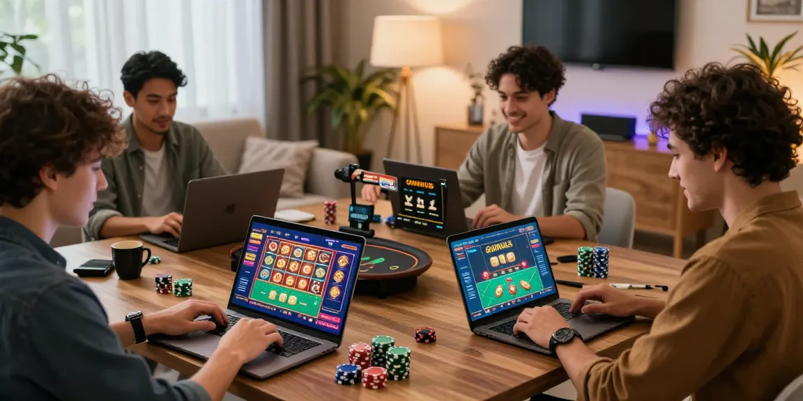 Entusiasmante ambiente di gioco domestico con giocatori coinvolti in giochi di casinò non AAMS su laptop e dispositivi mobili.