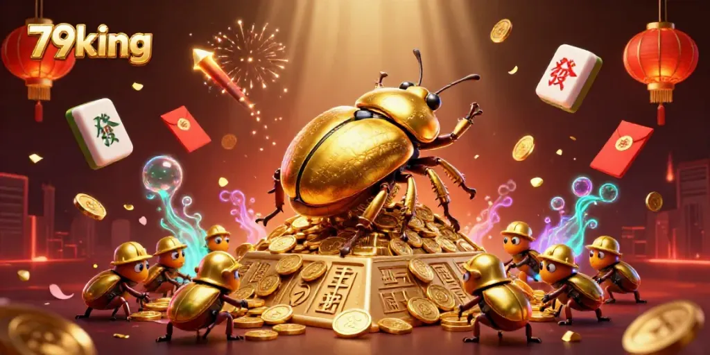 Engage in thrilling winnings at 79king with a fantastic scene of a golden dung beetle and treasures.
