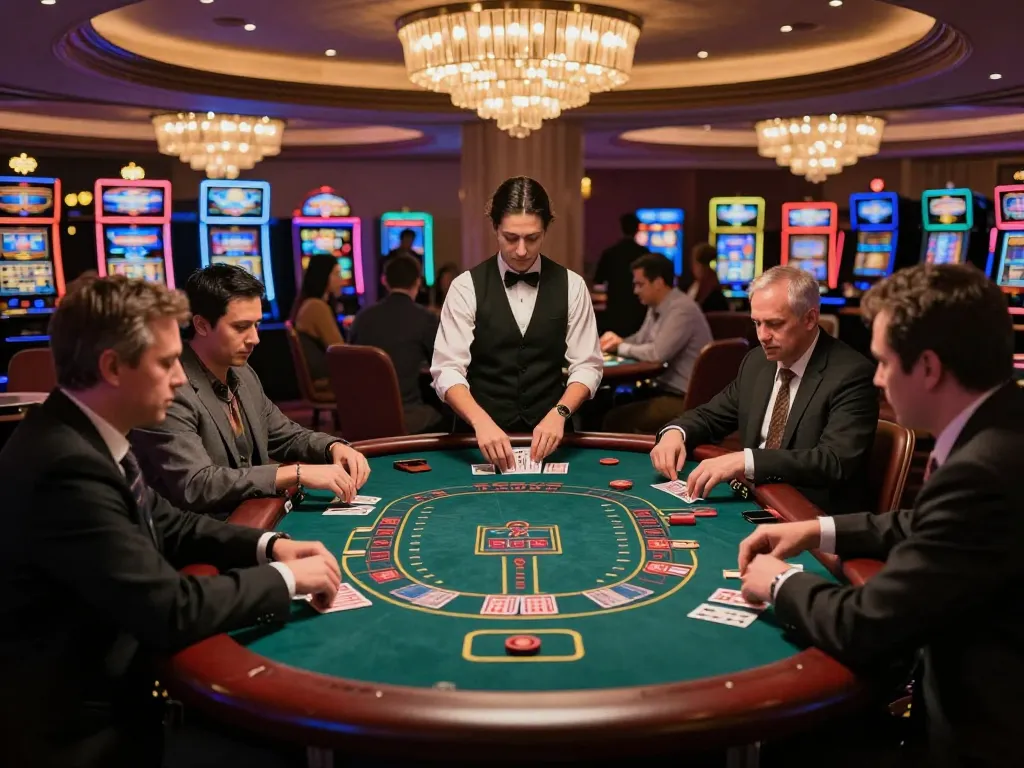 Experience thrill on trang chủ mb66 with players strategizing at a blackjack table in a vibrant casino.