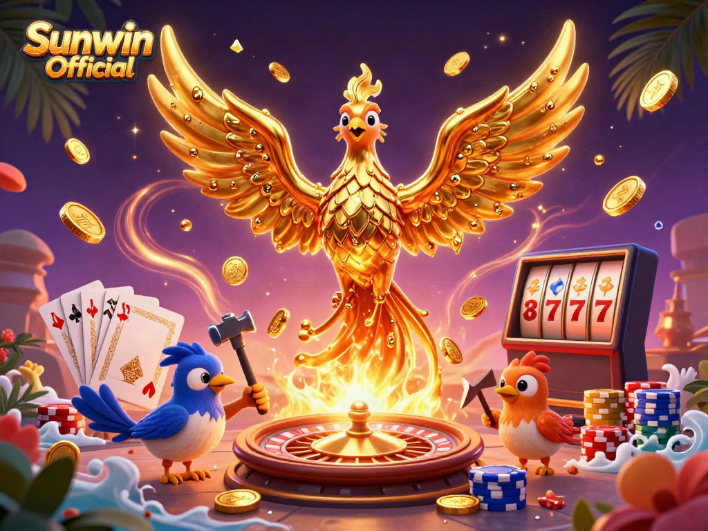 Experience the thrill of winning at Sunwin Official with a dynamic scene of a molten phoenix and rich casino elements.