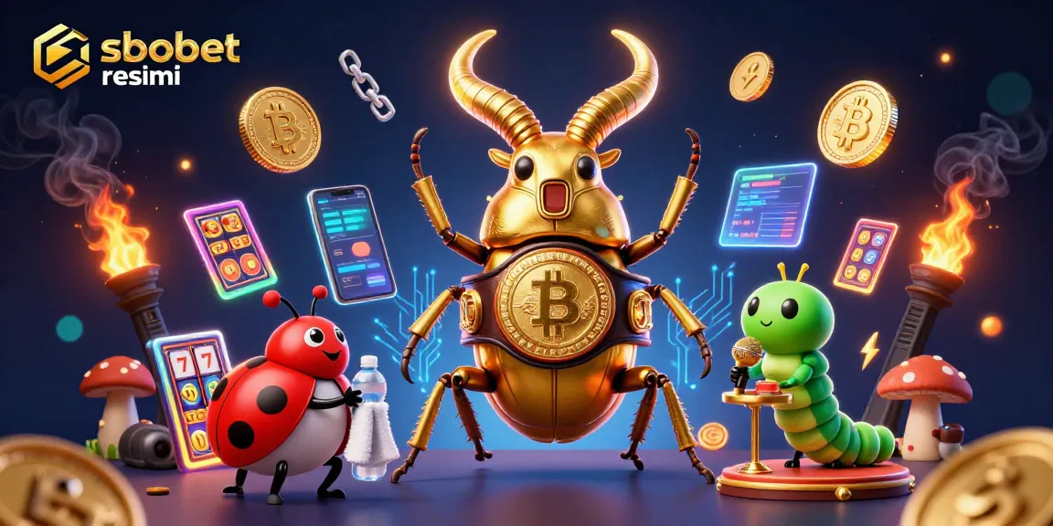 Place bets at sbobet resmi while immersed in vibrant gaming energy with animated characters and crypto elements.