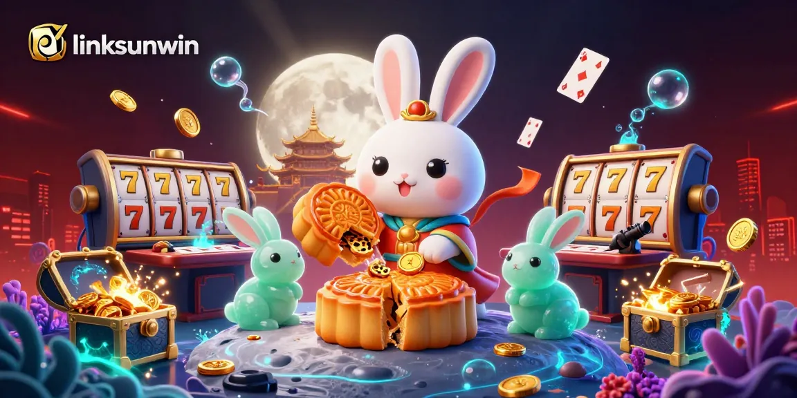 Join the fun at linksunwin with a vibrant casino scene featuring a moon rabbit cracking open mooncakes revealing poker chips.