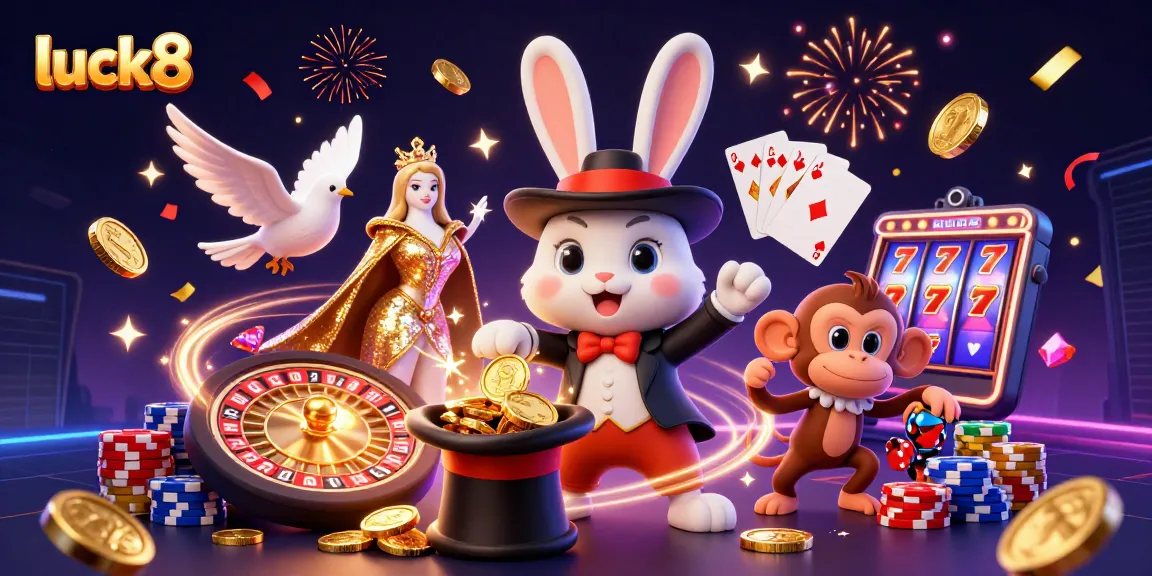 Experience luck8's vibrant casino adventure with magical coins, poker chips, and festive celebrations!