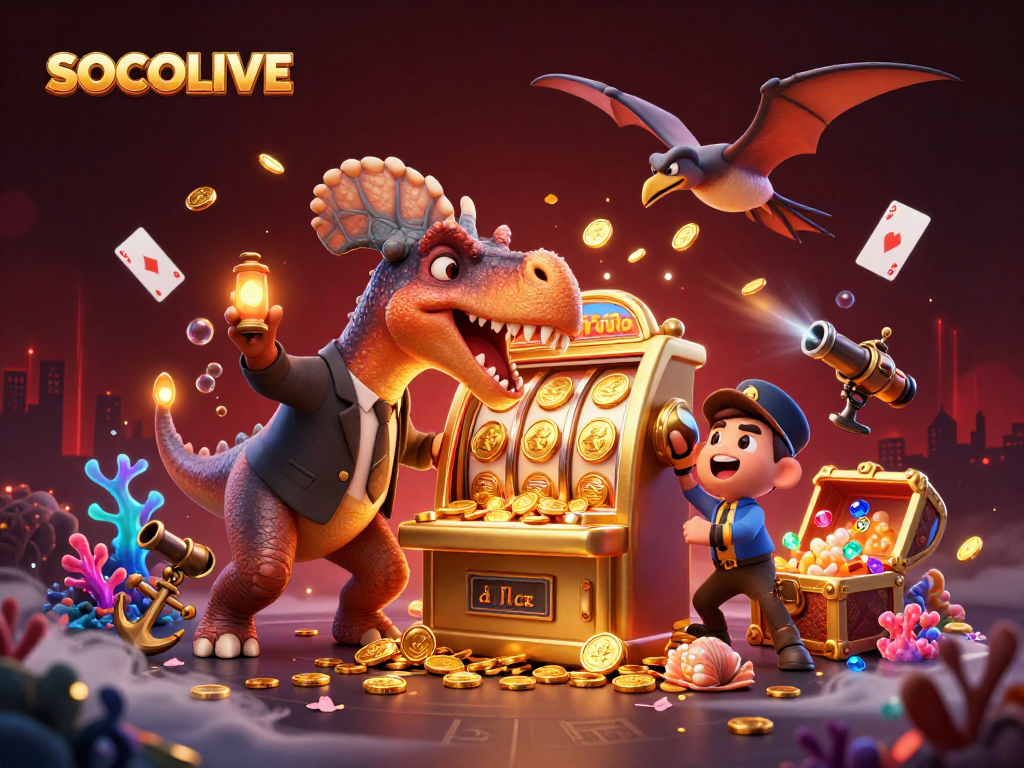 SOCOLIVE showcases a pachycephalosaurus winning jackpots in an exciting casino scene full of coins and colorful gems.