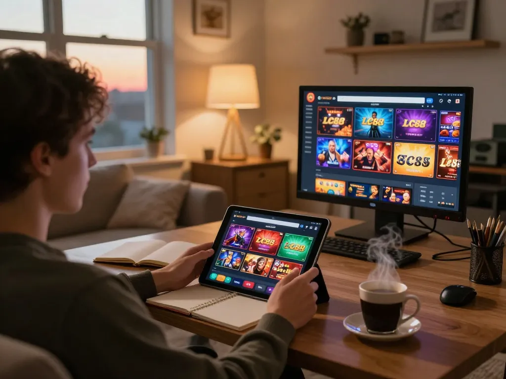Player engaging with the LC88 casino app on tablet in a cozy home setting