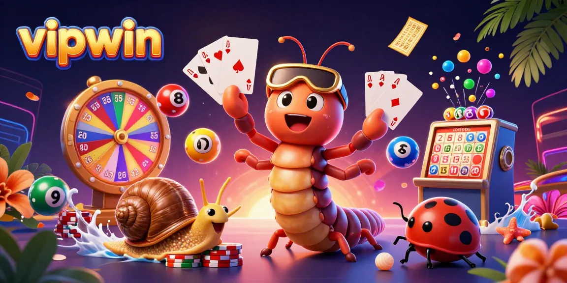 Join the excitement at vipwin with a vibrant casino scene featuring unique characters, dynamic lottery elements, and thrilling game features.