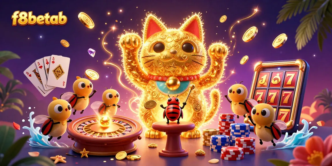 Engage in thrilling gameplay at f8betab with this lively casino scene, featuring golden lucky cat and casino symbols.