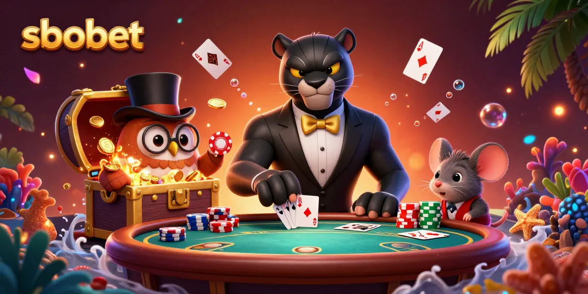 sbobet players strategizing at a poker table with vibrant characters in a dynamic casino scene