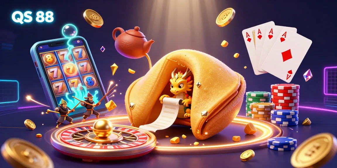 Experience thrilling gameplay at QS 88 with a dazzling 3D scene of fortune cookies, dragons, and golden rewards.