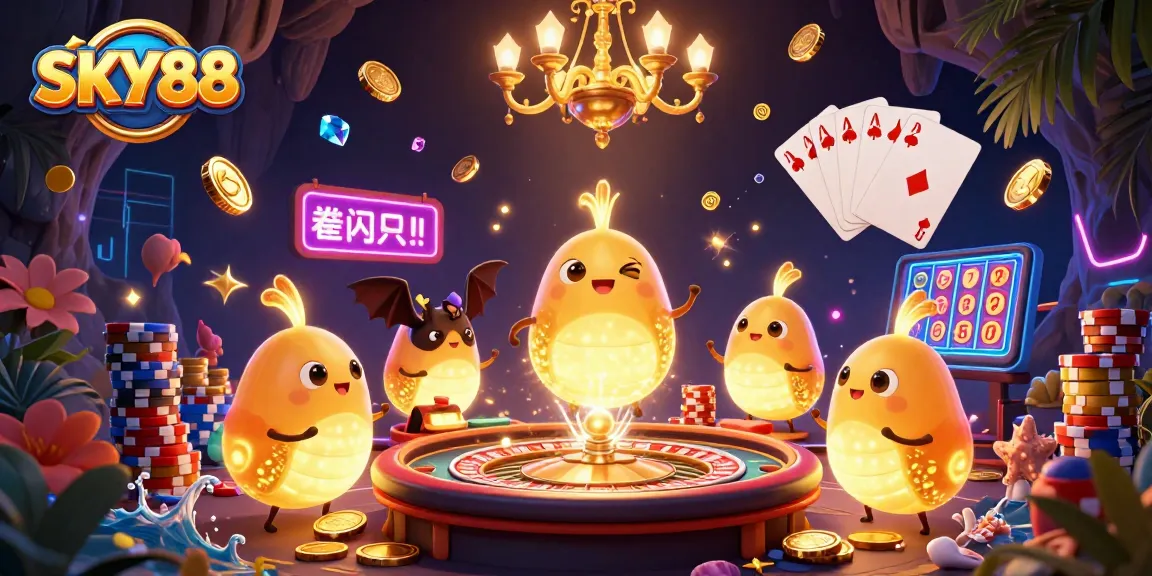 Experience thrilling gaming action at SKY88 with vibrantly illuminated casino scenes filled with exciting gamble elements.