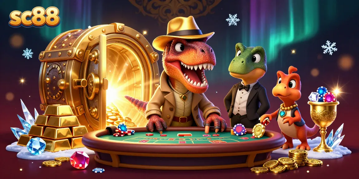 sc88 players enjoying blackjack with lively cartoon dinosaurs and golden treasures in a vibrant casino