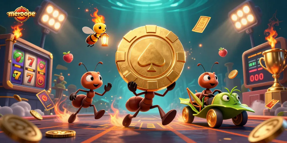 Experience epic gaming with meroope, as ants carry a giant poker chip through a dynamic casino scene.