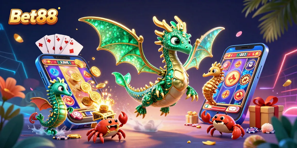 Engage with Bet88 in this vibrant 3D scene featuring a sea dragon, slot game elements, and treasure.