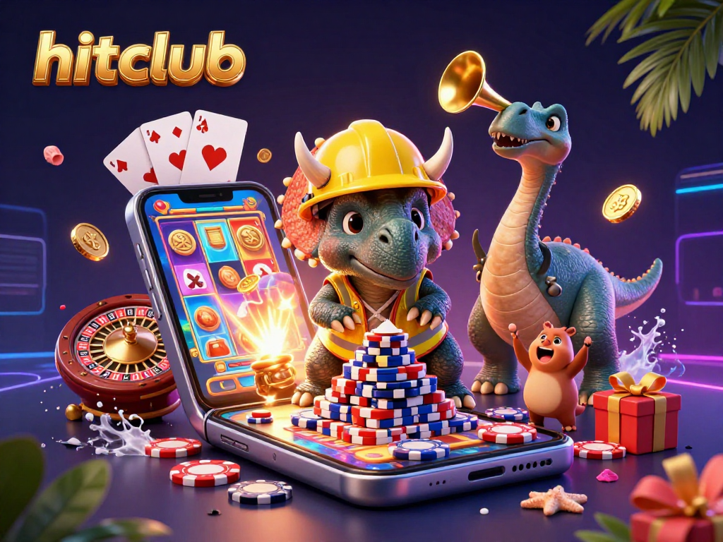 Hitclub showcases a triceratops and parasaurolophus celebrating a jackpot amid colorful slot game elements.