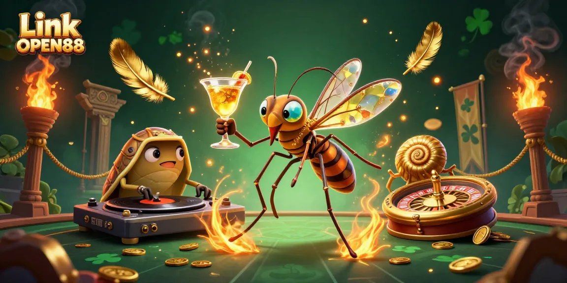 Experience thrilling gameplay at Link OPEN88 with a vibrant 3D casino-themed illustration featuring unique characters and effects.