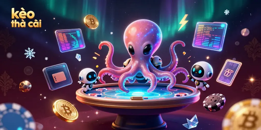 Bet on kèo nhà cái with intergalactic illustrations of an octopus gaming at a holographic poker table.