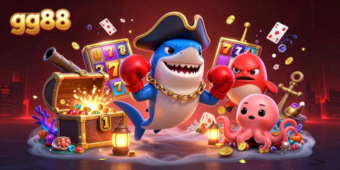 Experience the excitement of gg88 with a vibrant, animated scene featuring a pirate shark and his cohorts amidst slot reels and treasures.