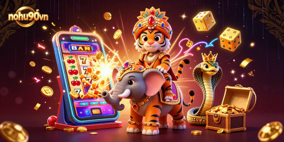 Nohu90vn illustrates a vibrant casino scene with a royal tiger, elephant, and exciting slot game elements.