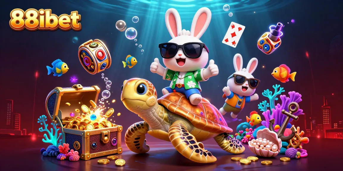 Immerse in the underwater world of 88ibet as comedic characters celebrate with treasures and vibrant casino elements.