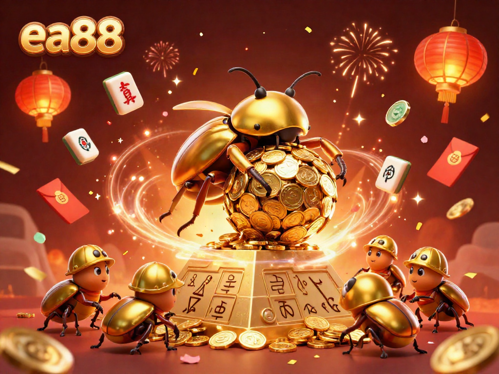 Experience the excitement of ea88 with festive fireworks, golden coins, and lively beetles celebrating!