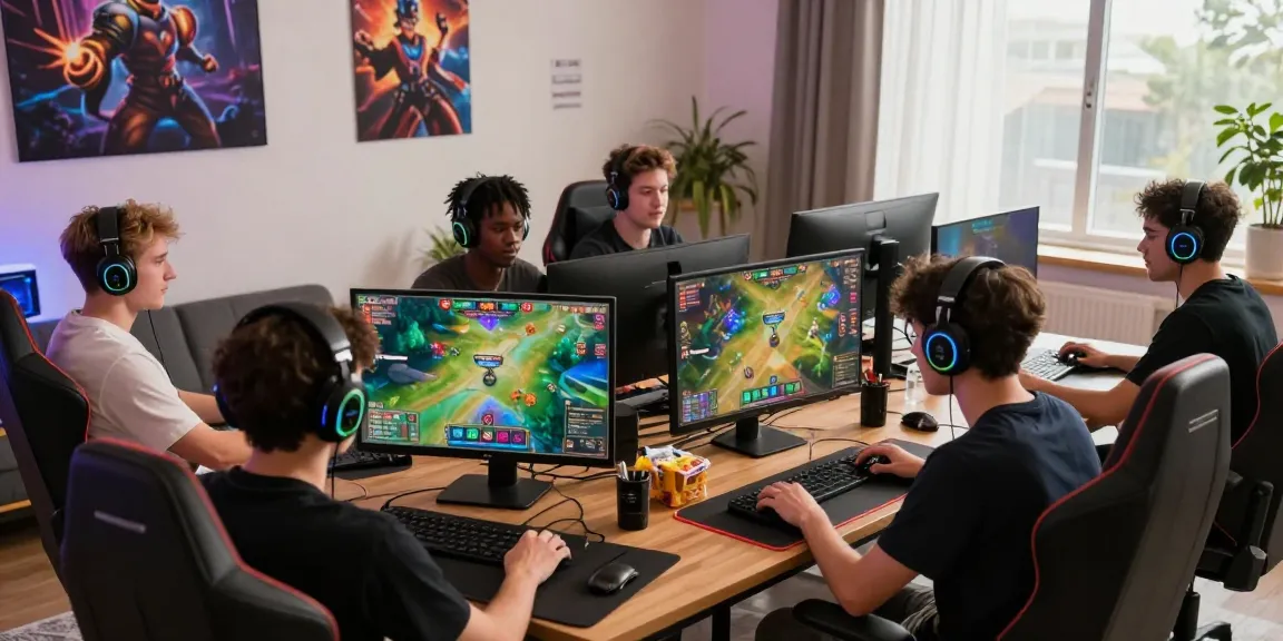 Engaged players in a modern home gaming setup enjoying Rikvip online card games with vibrant graphics and chat interaction.