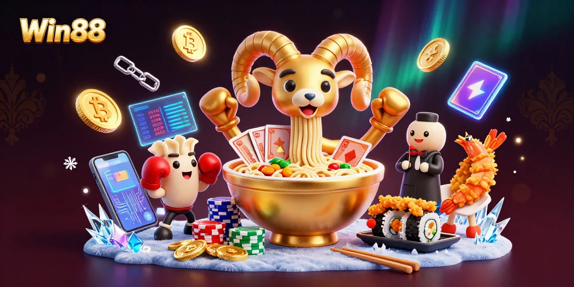 Win88 offers thrilling gameplay with a giant ramen bowl character dealing cards and stacks of chips.