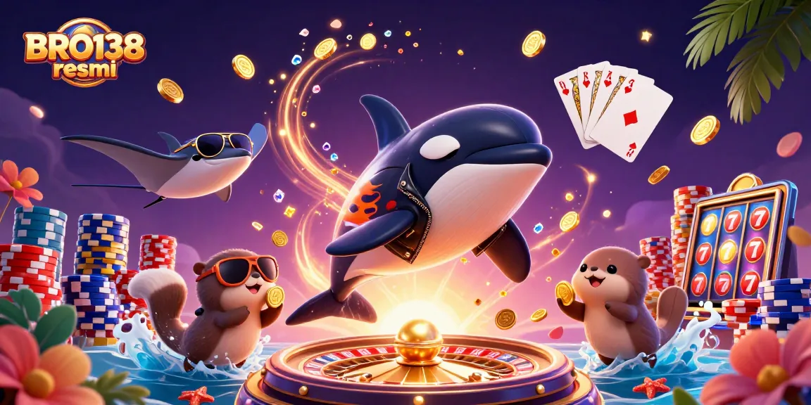 Spin to win with BRO138 resmi, featuring a playful orca and otters amidst dazzling casino elements.