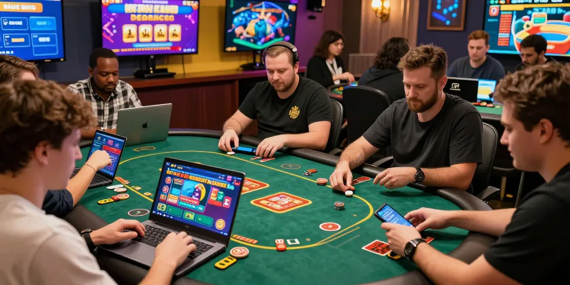 Players enjoying 68gamebai on their devices, surrounded by vibrant game graphics and rewards.
