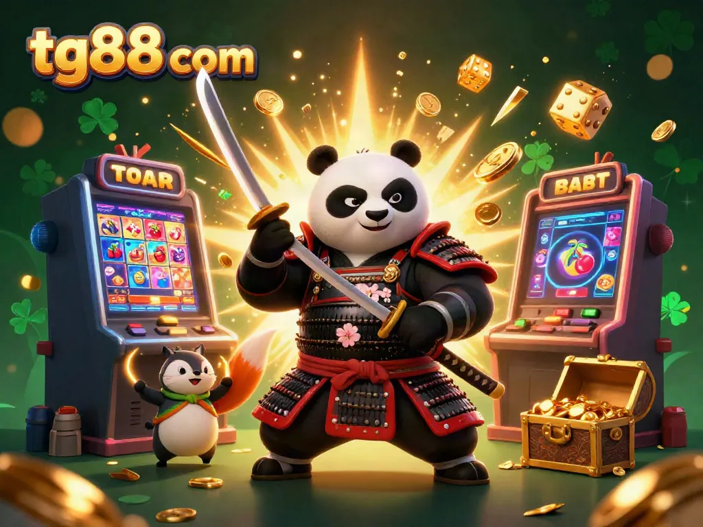 Experience thrilling gameplay at tg88 com with a dynamic 3D illustration of a samurai panda and ninja fox in an exciting casino setting.