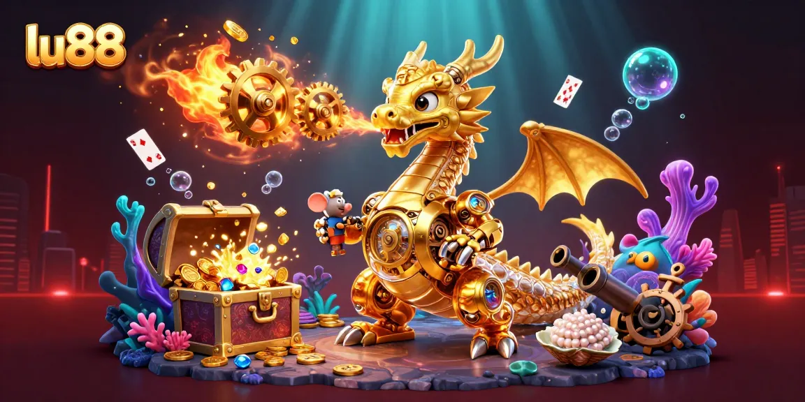 Engage with lu88's vibrant underwater casino adventure featuring a golden dragon and treasure chests.