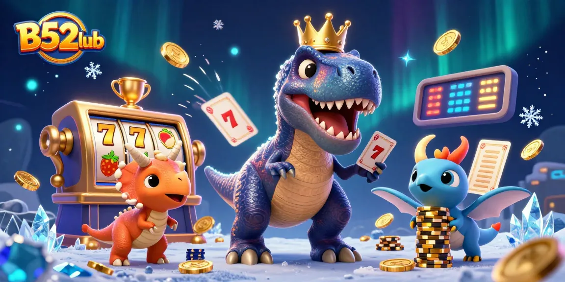 B52club showcases a lively scene with T-Rex shuffling cards amidst vibrant slot reels and casino elements.