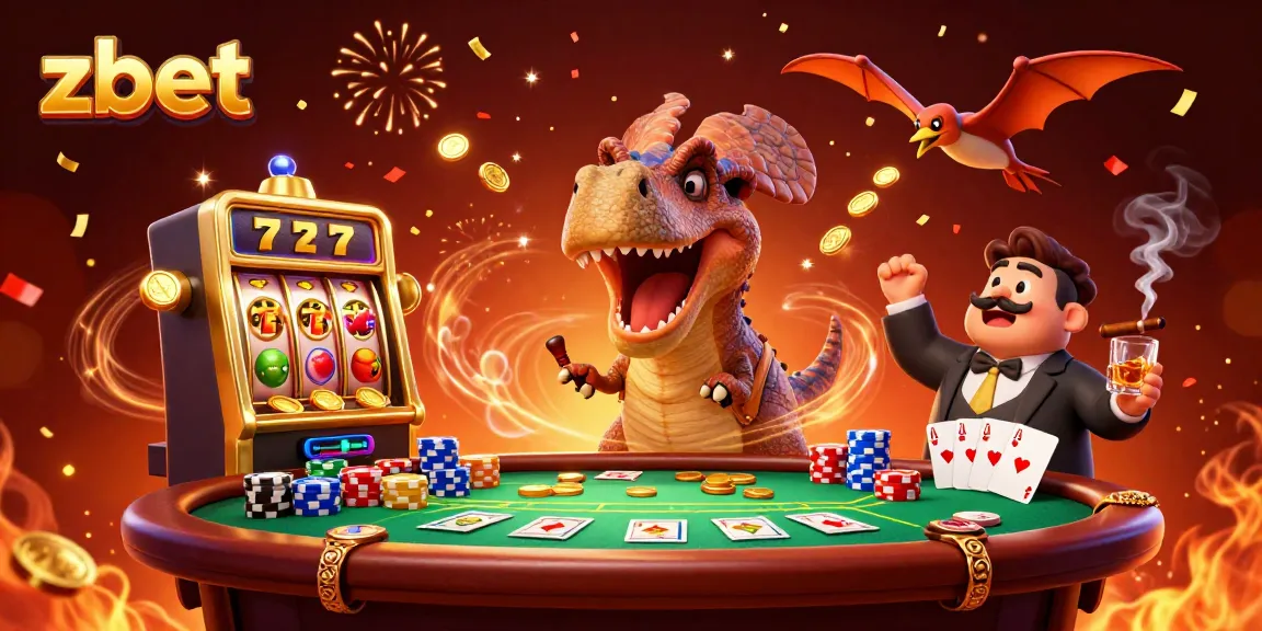 Zbet's vibrant casino scene with pachycephalosaurus winning slot machine jackpots amid colorful poker actions.
