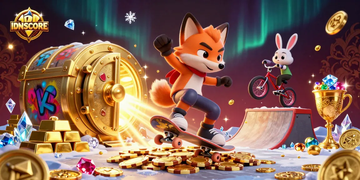IDNSCORE offers an engaging online casino experience with a cartoon fox and rabbit showcasing exciting slot game action.