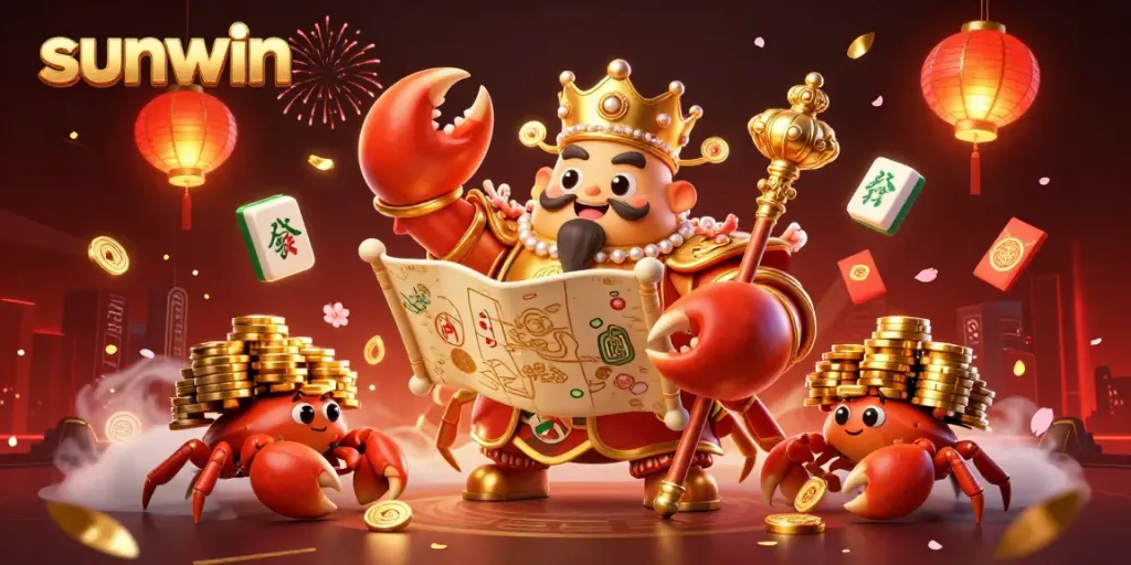 Experience the thrill of winning at SunWin with the mighty golden crab emperor surrounded by festive casino elements.