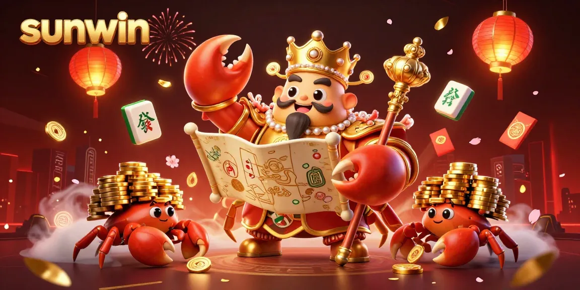 Experience the thrill of winning at SunWin with the mighty golden crab emperor surrounded by festive casino elements.