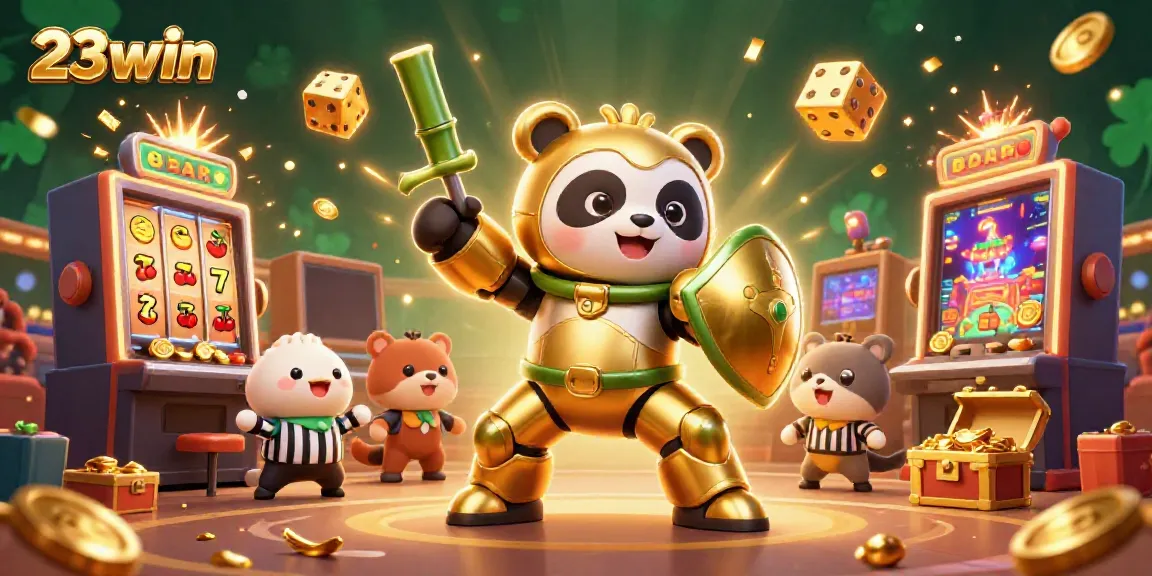 Experience the excitement of 23win with a vibrant casino-themed digital illustration featuring a golden panda mech and dynamic game elements.