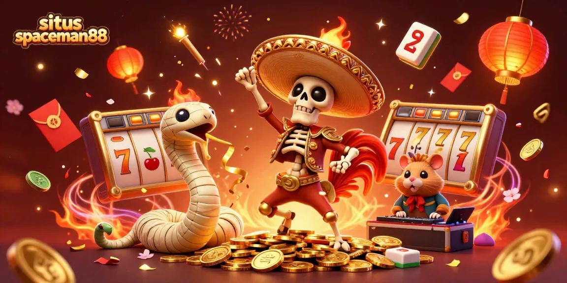 Situs spaceman88 features a lively victory scene with 3D cartoon characters celebrating over slot game success amidst golden coins.