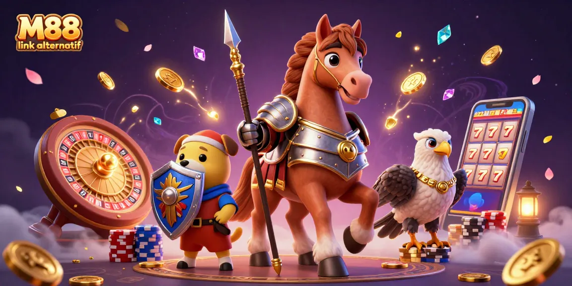 M88 link alternatif shines with vibrant gambling elements from casino knight and puppy in action.