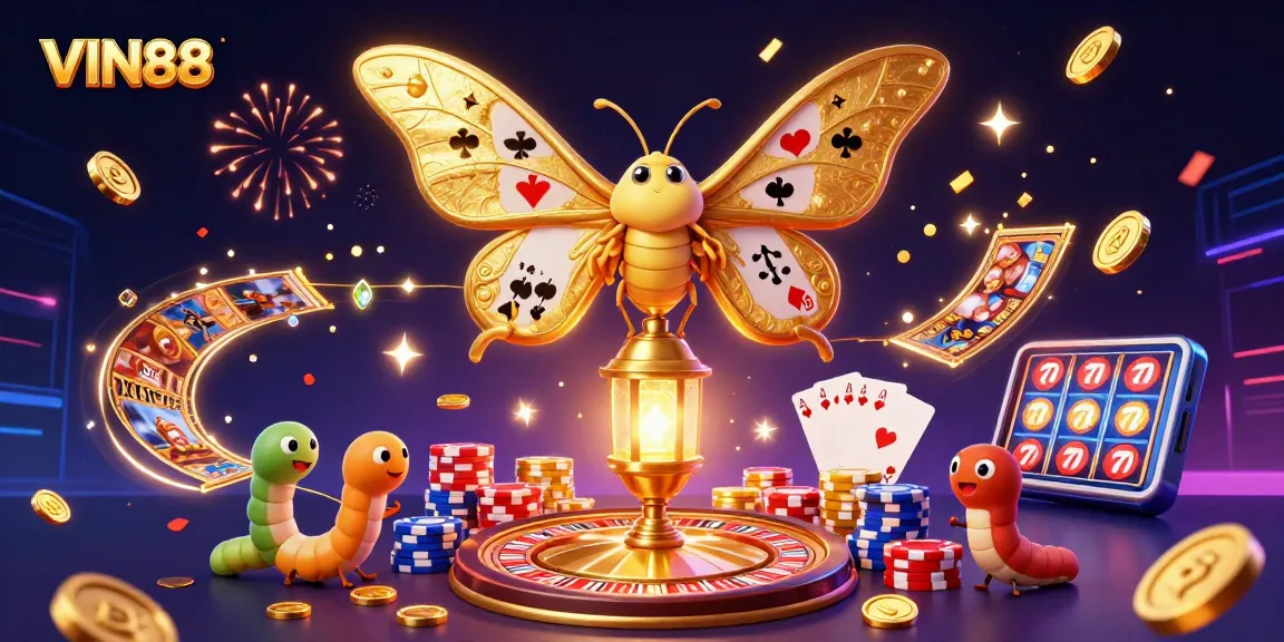 Win big at VIN88 with a vibrant 3D casino illustration showcasing captivating games and rich rewards.
